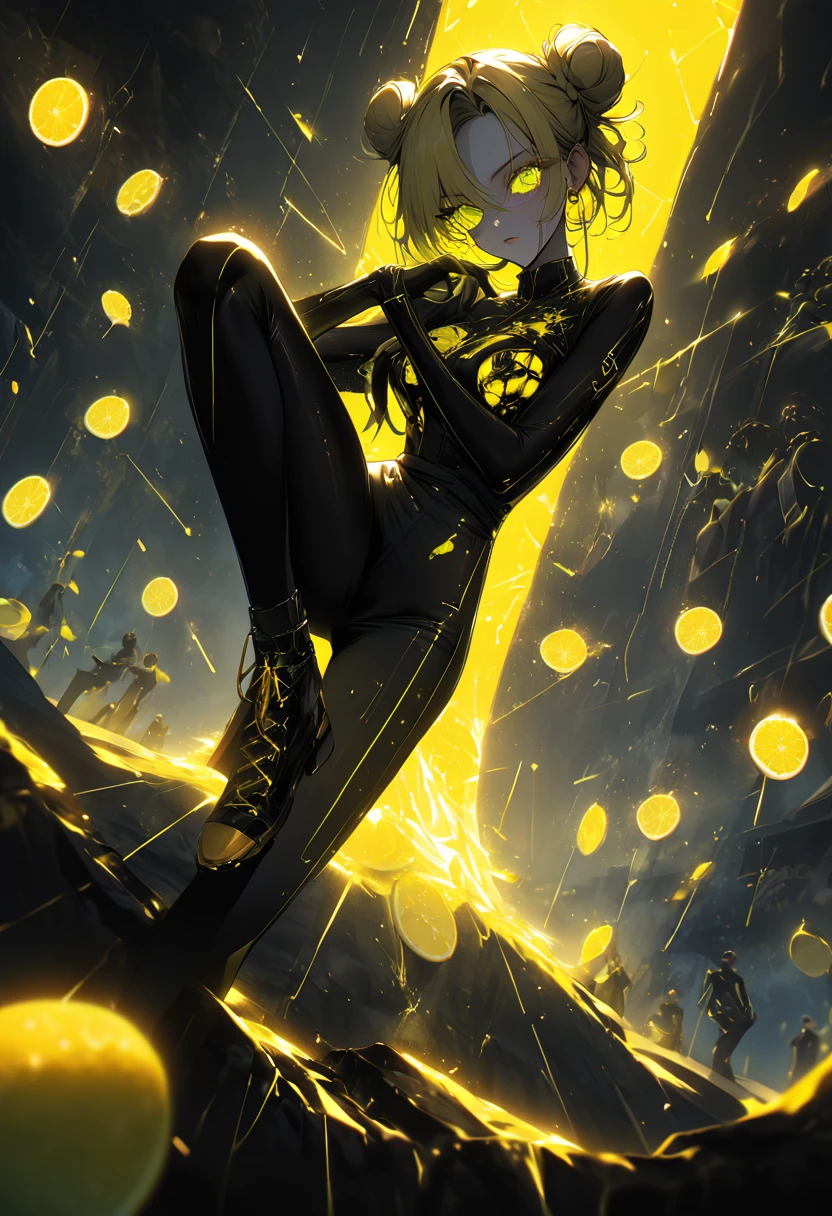 be ethereal, loose bun, lasts transparent bioluminescent, sexy big Sensual Goku sunglasses + Sarada big eye Sharingan Power, yellow hair spray curled full body posture, Kung Fu art low crouching perspective, emitting moody constellation of tones including withe, rot, Black gold shock neon , lemon, love it neon cyan, surrounded by a storm of luxurious light, explosão de laranjas e rots