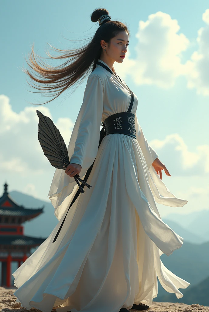 uhd, realistic, kungfu female fighter with korean beauty like tae yon with her face clearly visible, wear white silk and black mate armor suit, windblown hair, full standing, wearing boots, left hand holding a traditional Chinese leaf shape fan, standing on top of hill, background is the china temple, bright sky, side light. use the RenderMan renderer.digital art.High definition, high contrast, high color saturation,,128k,cinematic lighting, intricate,cinematic lens, advertising photograph,ultra detail,Wallpaper size.
(masterpiece, best quality,beauty)