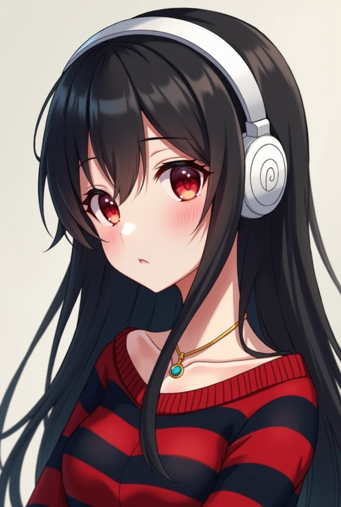 anime art/Girl/black hair/red eyes/red and black striped sweater/necklace/white headphones/in profile