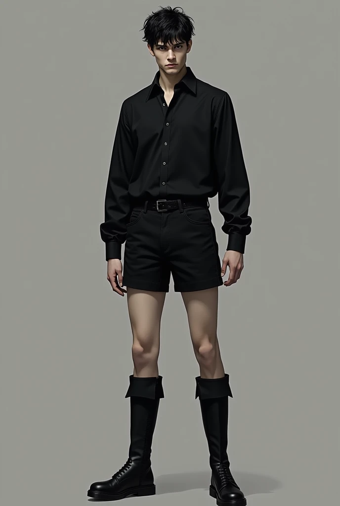 a young man with a serious expression wearing a black long-sleeved shirt, a pair of short black shorts and black knee-high boots