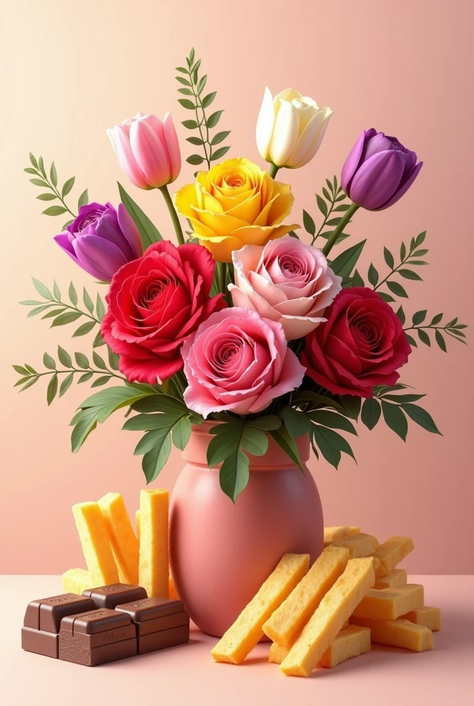 Bouquet of roses with tulips, with rectangular fries and chocolate