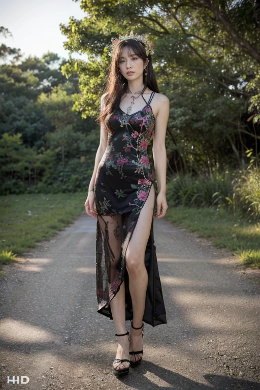 best quality, 原始photography, there is nothing, A girl, Embroidered cheongsam, Flower headdress, necklace, Jewelry, Pretty Face, Full body portrait, Long legs,(Reality:1.3), Dark Studio,Natural light, (HD Skin: 1.2), 8K UHD, Digital SLR Camera, Soft lighting, high quality, Volumetric Lighting, frank, photography, high resolution, 4K, 8K, Bokeh,