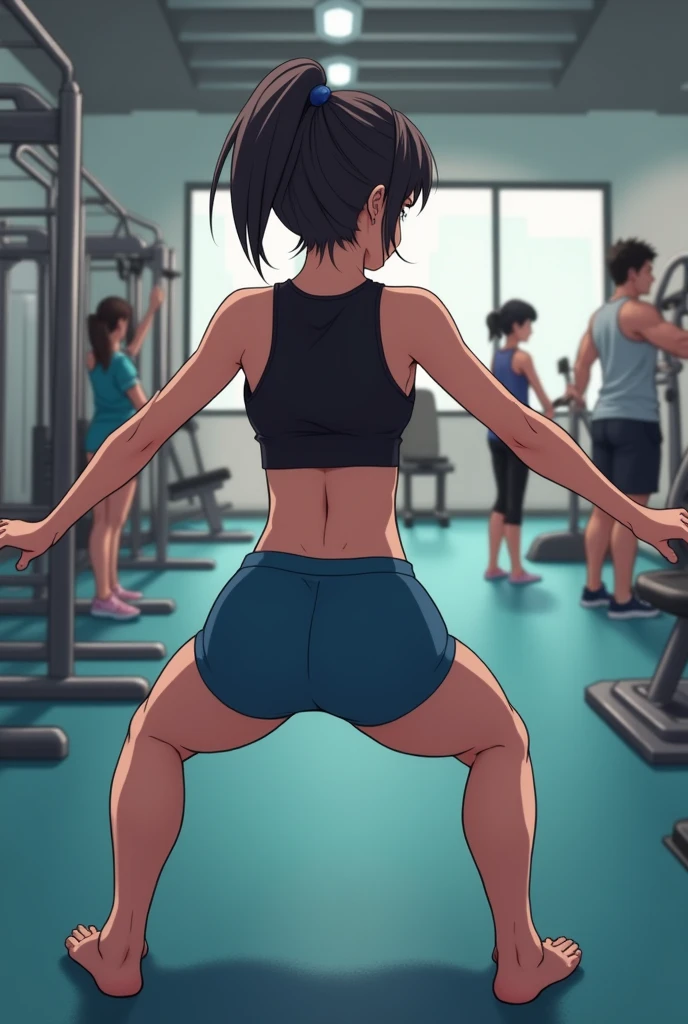  From back point of view.
The image is a screenshot of a video posted on Instagram. It shows a anime girl  in a gym, performing a squat exercise. She is wearing a black tank top and blue shorts, and her hair is tied back in a ponytail.with her left leg extended behind her and her right leg bent at the knee. Her arms are stretched out to the sides and her feet are planted firmly on the ground. In the background, there are other people working out in the gym, and various exercise equipment can be seen. The image also includes a caption that reads "When she almost catches you staring.