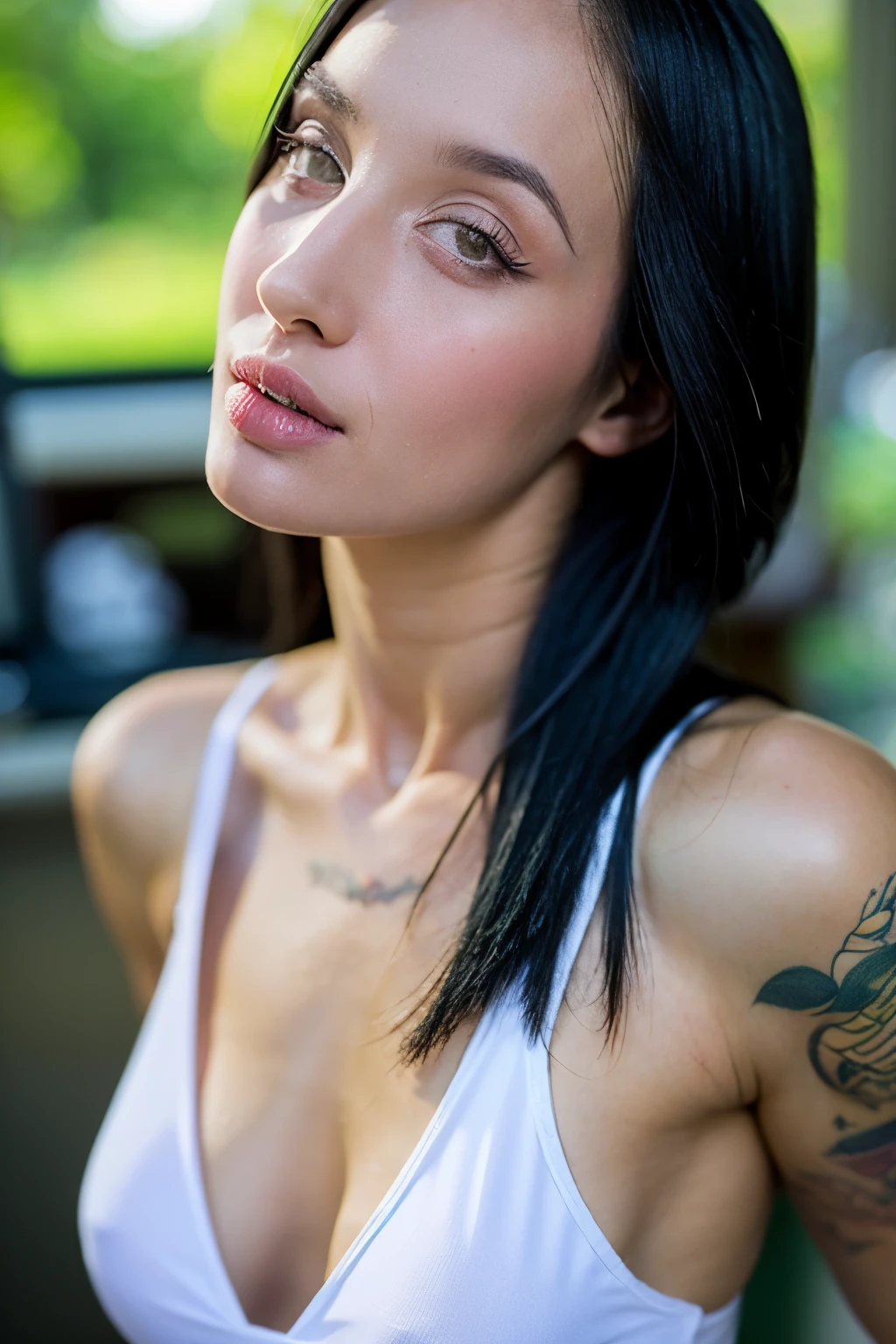 Sexy hot young girl . portrait raw photography ,hyper realistic , detailed face, intricate, realistic skin texture, Hot body, athletic body, Brazilian girl, tattooed girl, wearing a little sexy clothes. natural lighting. Dystopic abandoned background.