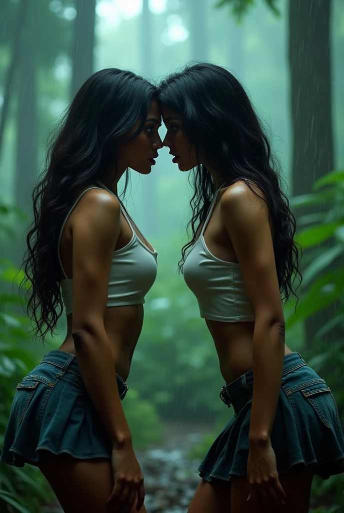 Two most beautiful Indian women  age 20 sexy bodies detailed eyes detailed pink lips long hair black, long legs ,sexy legs with very big breast, both wearing mini school skirts and white tit shirts cotton 2 button open lot of clevage show both girls standing nose to nose angrily stare each other angrily catfight in rain in jungle heavy storm pulling each other hair , ultra max 4k masterpiece realistic picture quality, cinematic view late night scene