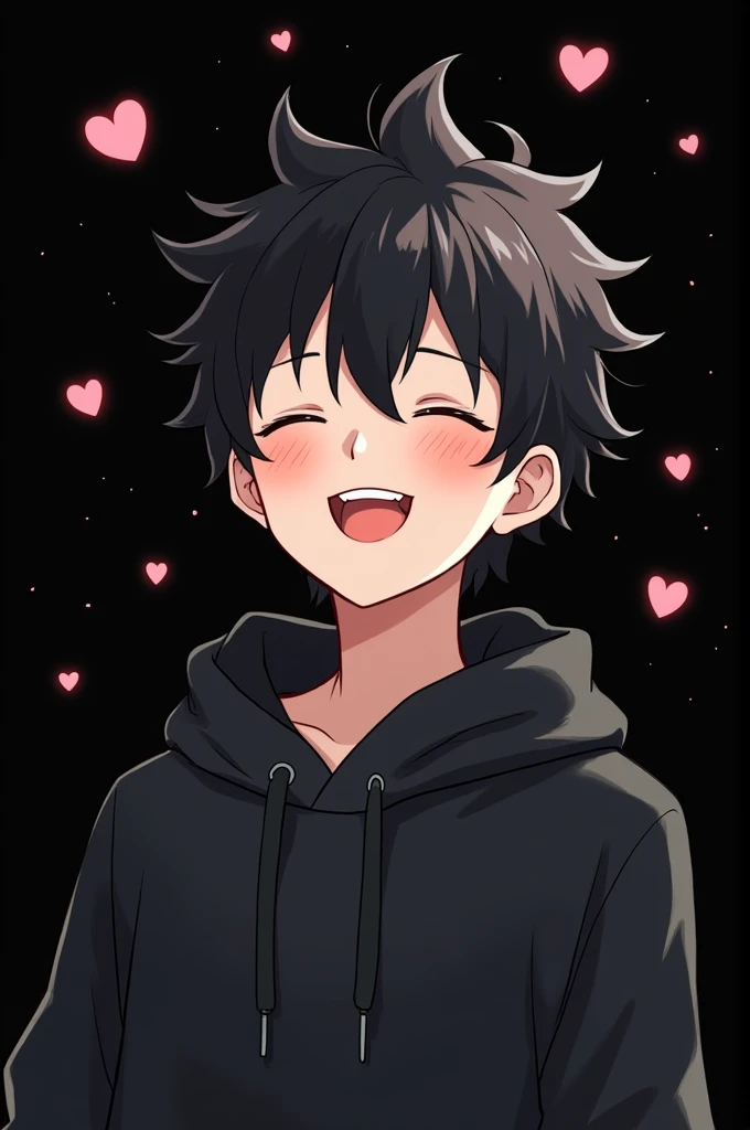 Blank black background , Anime boy involved , Spiky hair , black hair , black hoodie , eyes closed , happy , heart bubbles , blush