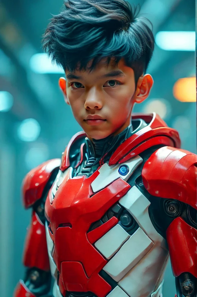 a young 17 year old boy wearing a red and white exoskeleton armor, a robot face on his chest , malaysian mullet hairstyle, detailed face and eyes, highly detailed, 8k, photorealistic, cinematic lighting, concept art, sci-fi. Led light blue.led light robot face on body Punisher. Marvel.
