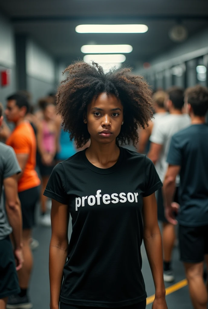 "A bustling gym with various exercise machines visible, including bench press, rowing machine, free weights, and leg press. The room is filled with students, both men and women, actively working out. In the middle of the aisle stands the gym instructor, a 24-year-old Black Brazilian woman with curly hair and a physique that reflects an active fitness lifestyle. She is wearing a black t-shirt with 'PROFESSOR' in the center. The instructor looks extremely frustrated and overwhelmed, as the gym is overcrowded and many students are surrounding her seeking assistance. Despite her efforts, she struggles to meet the high demand. The image should be captured in ultra-realistic quality using high-end professional cameras and lenses, such as the Canon EOS R5 with an RF 50mm f/1.2L lens, to ensure sharp details and impressive realism. The photo should capture the dynamic atmosphere of the gym and the instructor’s intense expression."