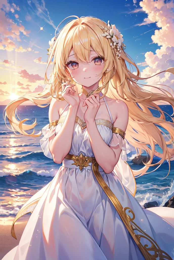 Long Hair, smile, Blonde, Golden Eyes, White dress,Sunset beach,
goddess,diesirae,Soft Light, Gentle colors, Hair that hides one eye, Double braid in low position, Sparkle Effect, Overlooking, masterpiece, 最high quality, High resolution, High-resolution model, high quality, Textured skin, Ultra high definition, tears, look up, far and near method, moving line, Backlight, Lens flare, 