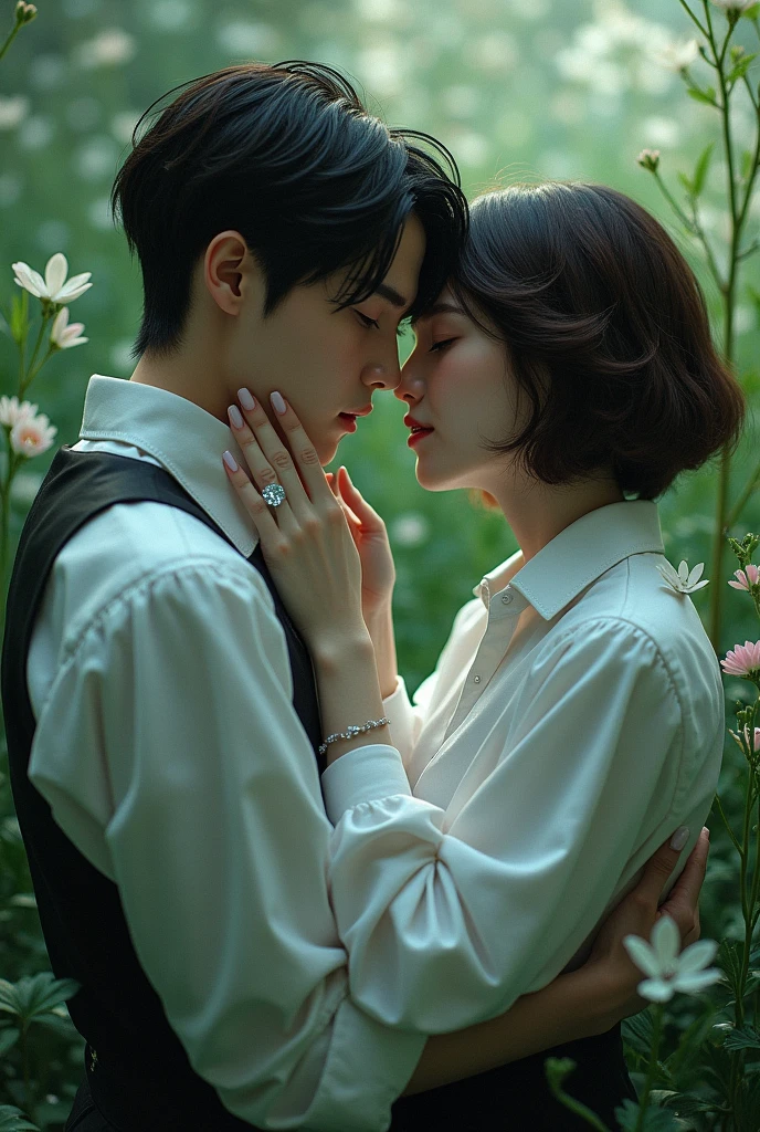 Young girl with brown short hair Mullet male asymmetrical haircut. with open ears, deathly pale skin, white gothic vampire shirt, she leaned against Young guy jeon Jungkook embrace couple in love. Come on the flowers grass soop, cool pose wonder model, perfect dentle face, light Fantasy effect. crystals on the rings.