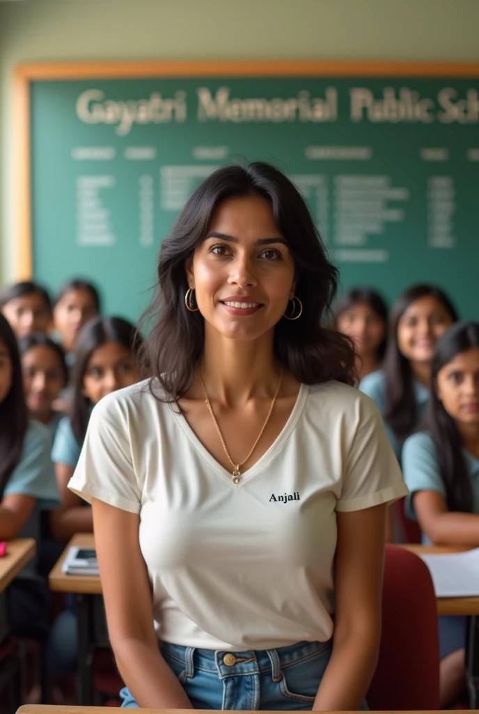 A 40 year old teacher wearing a t shirt in school. She is sitting in classroom with kids. her name Anjali written on her t shirt. Gayatri Memorial Public School written in background wall