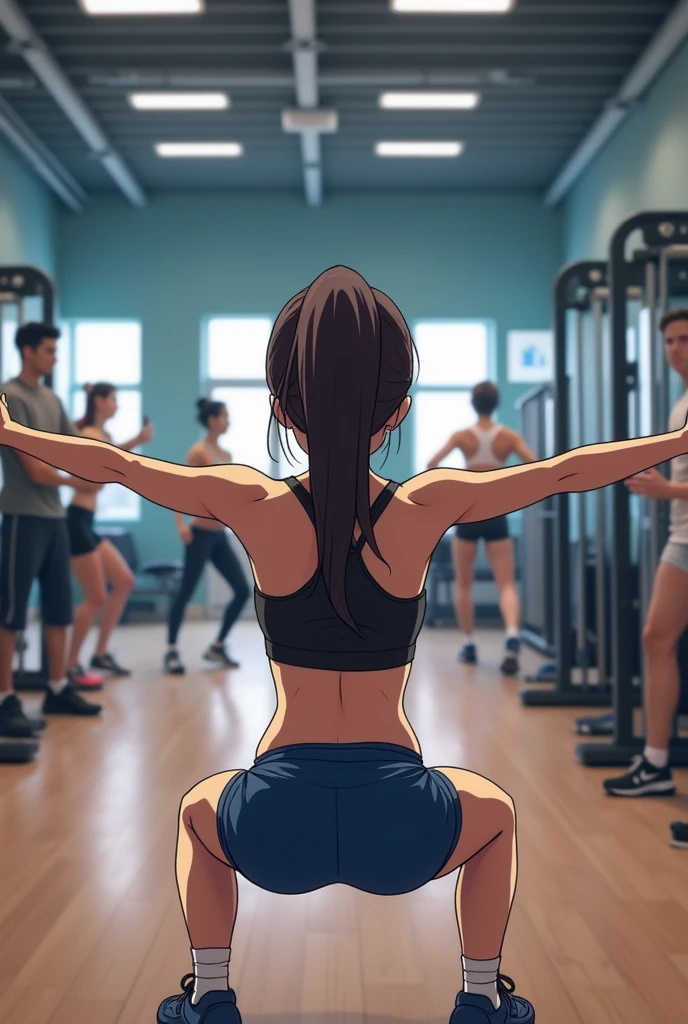 From back point of view.
The image is a screenshot of a video posted on Instagram. It shows a anime girl in a gym, performing a squat exercise. She is wearing a black tank top and blue shorts, and her hair is tied back in a ponytail.with her left leg extended behind her and her right leg bent at the knee. Her arms are stretched out to the sides and her feet are planted firmly on the ground. In the background, there are other people working out in the gym, and various exercise equipment can be seen. The image also includes a caption that reads "When she almost catches you staring.
