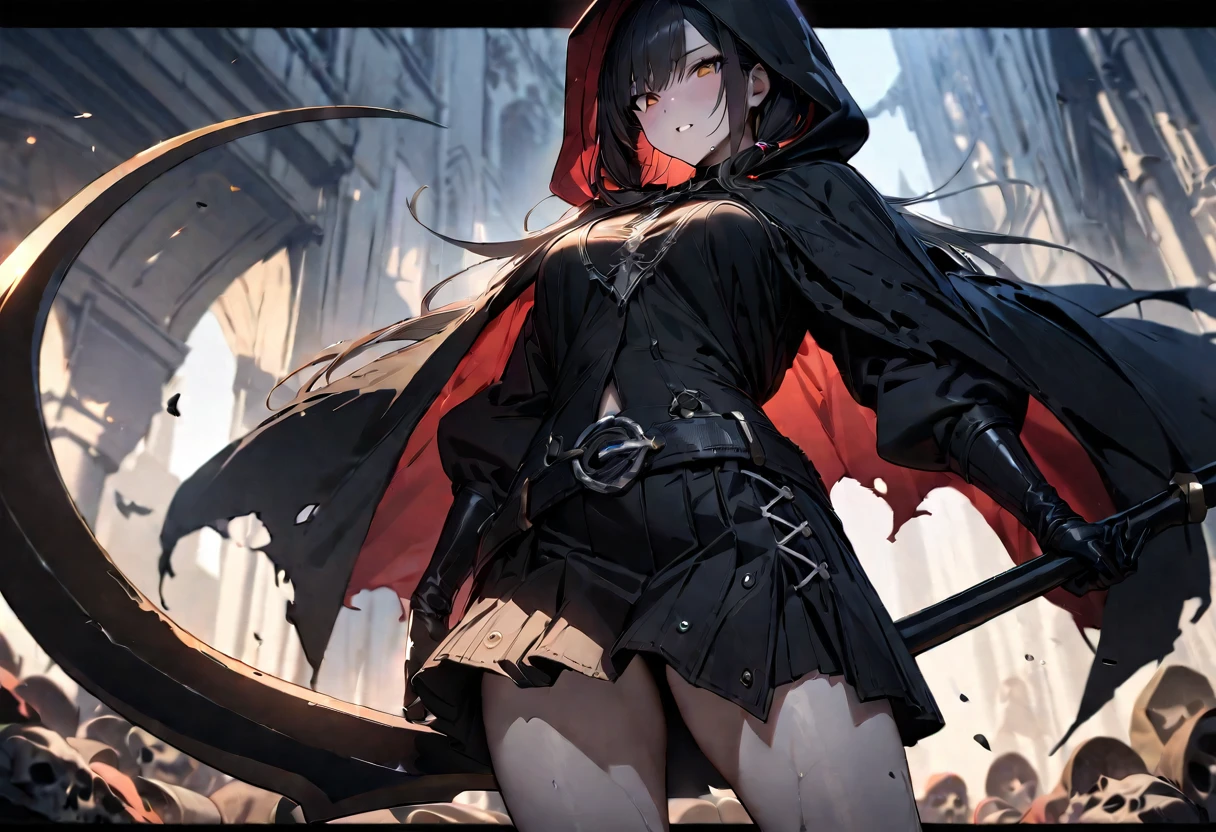 uhd, textured skin, high quality, high details, masterpiece, best quality, 1girl, grim Reaper, Twin tails, Black tattered cloak, Wearing a hood, mini skirt, (Big sickle, Perfectly shaped), There&#39;s a flame in his left eye, Blue effect on left eye, (Sitting on top of a building), Moonlit Night, Cat Familiars, Beautiful digital artwork