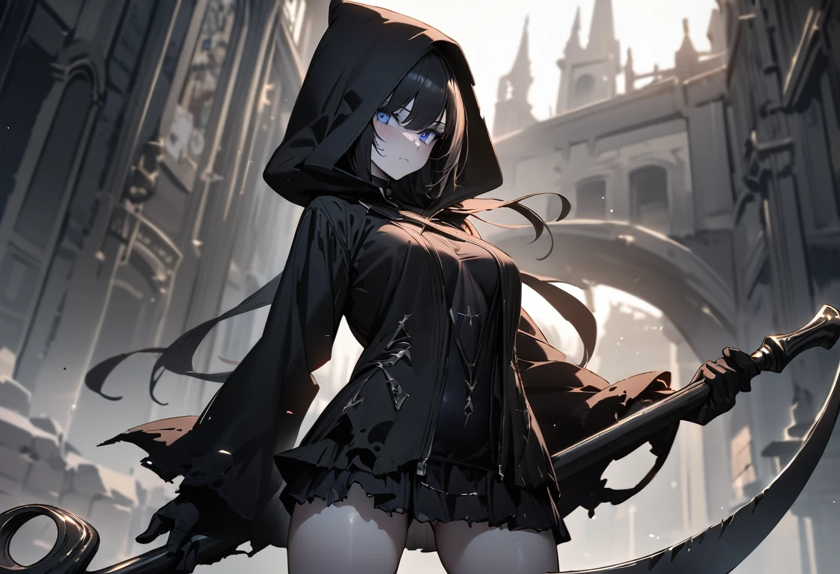 uhd, textured skin, high quality, high details, masterpiece, best quality, 1girl, grim Reaper, Twin tails, Black tattered cloak, Wearing a hood, mini skirt, (Big sickle, Perfectly shaped), There&#39;s a flame in his left eye, Blue effect on left eye, (Sitting on top of a building), Moonlit Night, Cat Familiars, Beautiful digital artwork