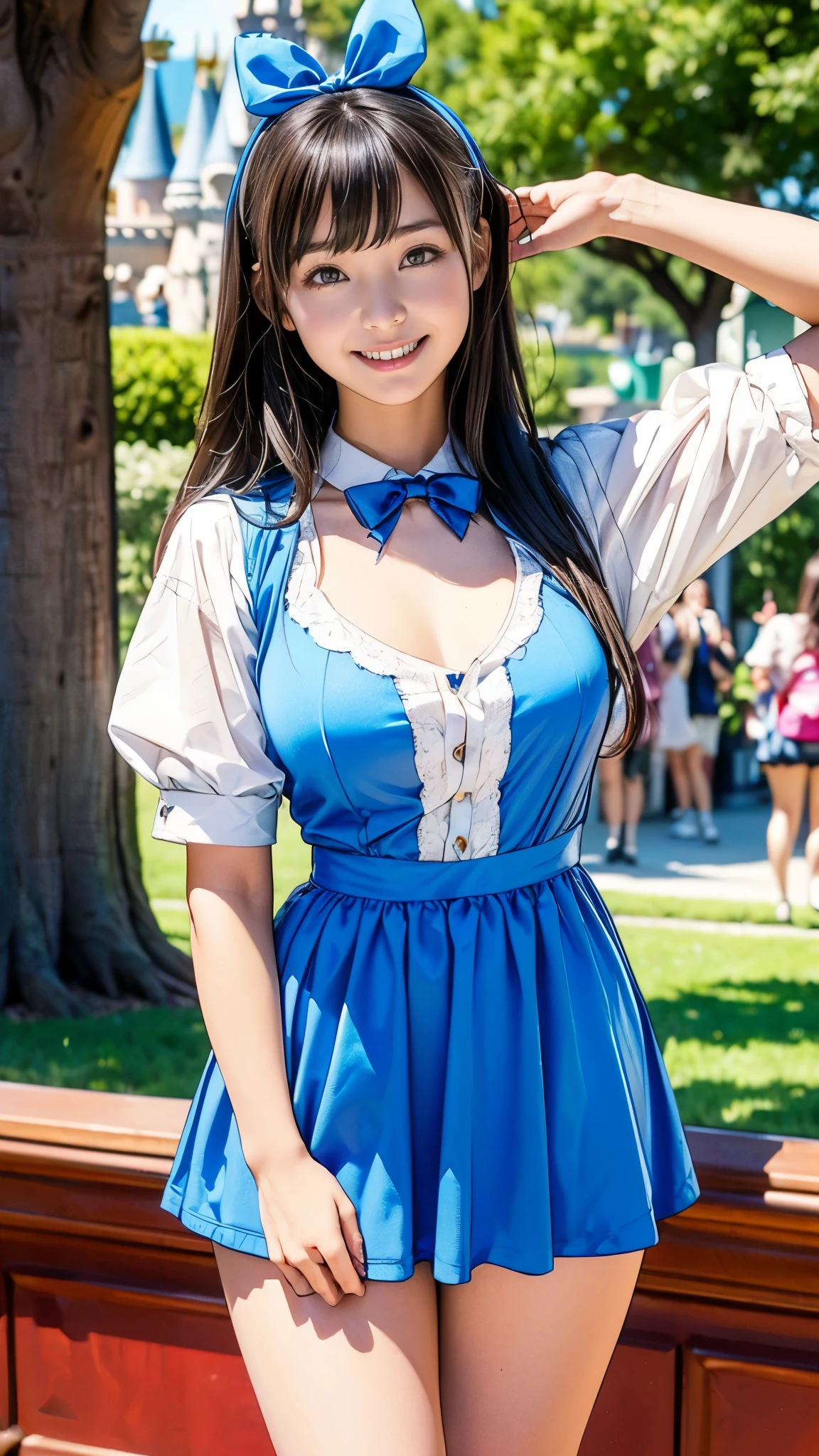 10 year old nerd girl、(Having a blast dressed up as Alice in Wonderland、smile、Big ribbon on head、Very slim:1.4、Very thin thighs:1.4、Very long legs、Big beautiful breasts)、Droopy eyes:1.4、Big round eyes:1.3、((Raise your arms in joy))、Filmed at Disneyland