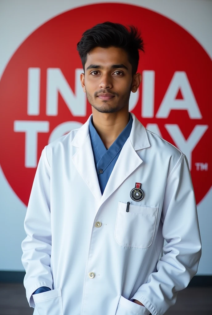 17 year old Indian boy handsome wearing normal doctor MBBS dress posing for name Nadeem India Today in background