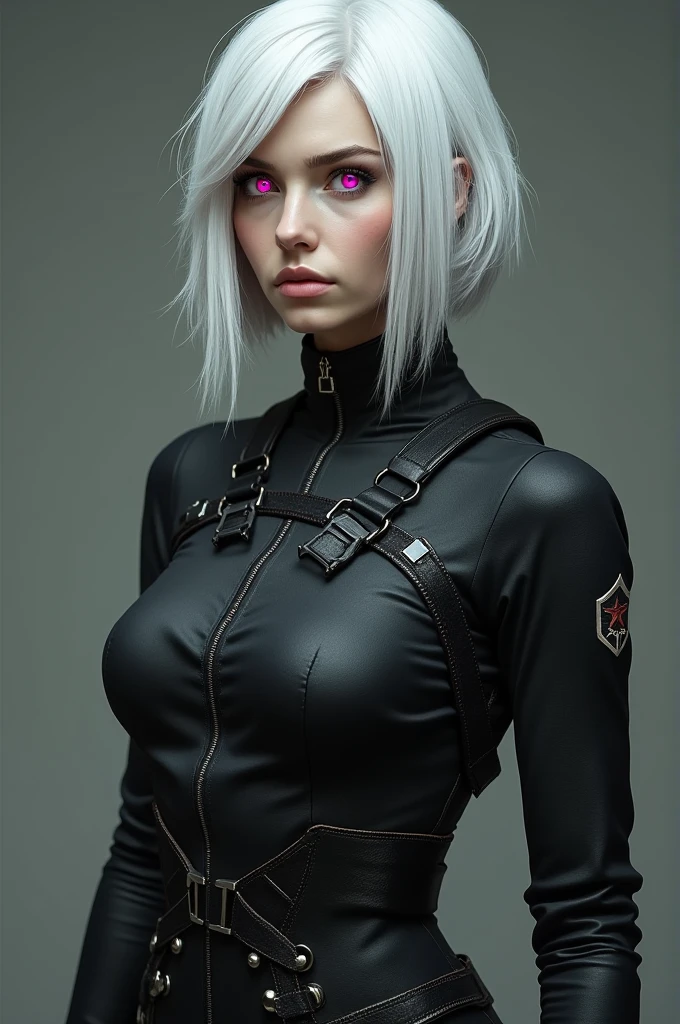 Human female character, white haired and pink eyed, white skin color, not very feminine black fighting clothes.
