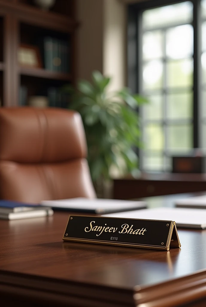 Beautiful office,CA Sanjeev Bhatt written on nameplate on office table 