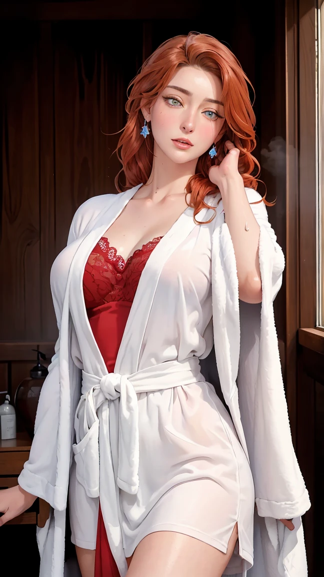 ((((masterpiece, best quality, high resolution)))), Extremely detailed 8K, Beautiful girl with voluptuous body, (Ultra HD, Ultra-detailed, Highly detailed, Highly realistic, Ultra-realistic, photograph realistic), (1girl:1.5), (Realistic red hair), (long wavy hair, hair ornaments, earrings), (dynamic poses), facing at camera, looking at viewer, (blushing red, rolling eyes, ahg), (hazel eyes, sharp eyes), (big perky breasts:1.2), (beautiful detailed face, beautiful detailed eyes), ((white bath robe)), (standing up), sweat, glow, (sunbeam, sunlight), ((cowboy shot)), bedroom