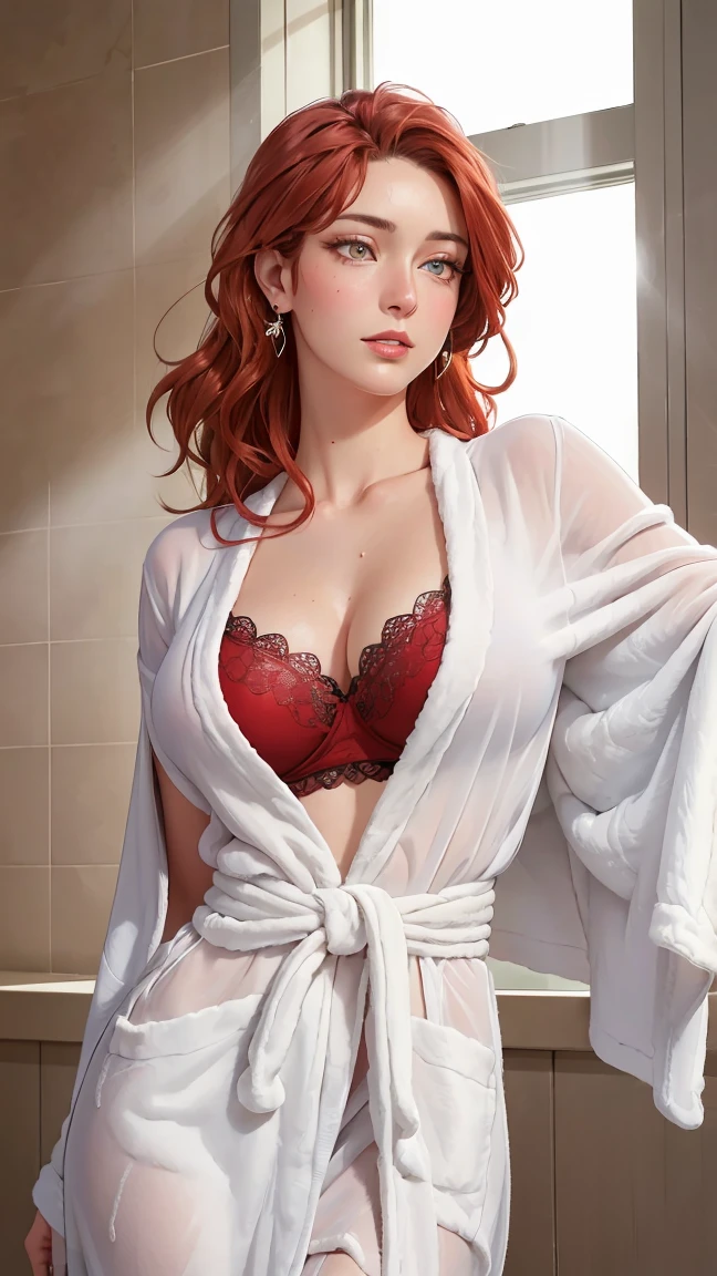 ((((masterpiece, best quality, high resolution)))), Extremely detailed 8K, Beautiful girl with voluptuous body, (Ultra HD, Ultra-detailed, Highly detailed, Highly realistic, Ultra-realistic, photograph realistic), (1girl:1.5), (Realistic red hair), (long wavy hair, hair ornaments, earrings), (dynamic poses), facing at camera, looking at viewer, (blushing red, rolling eyes, ahg), (hazel eyes, sharp eyes), (big perky breasts:1.2), (beautiful detailed face, beautiful detailed eyes), ((white bath robe)), (standing up), sweat, glow, (sunbeam, sunlight), ((cowboy shot)), bedroom