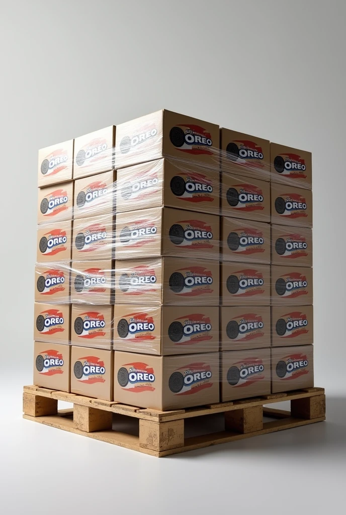 I want a Pallet full with a lot of medium sized cardboard boxes of Oreo (show the representative brand printed in the boxes), tightly wrapped in a lot of plastic paper. 