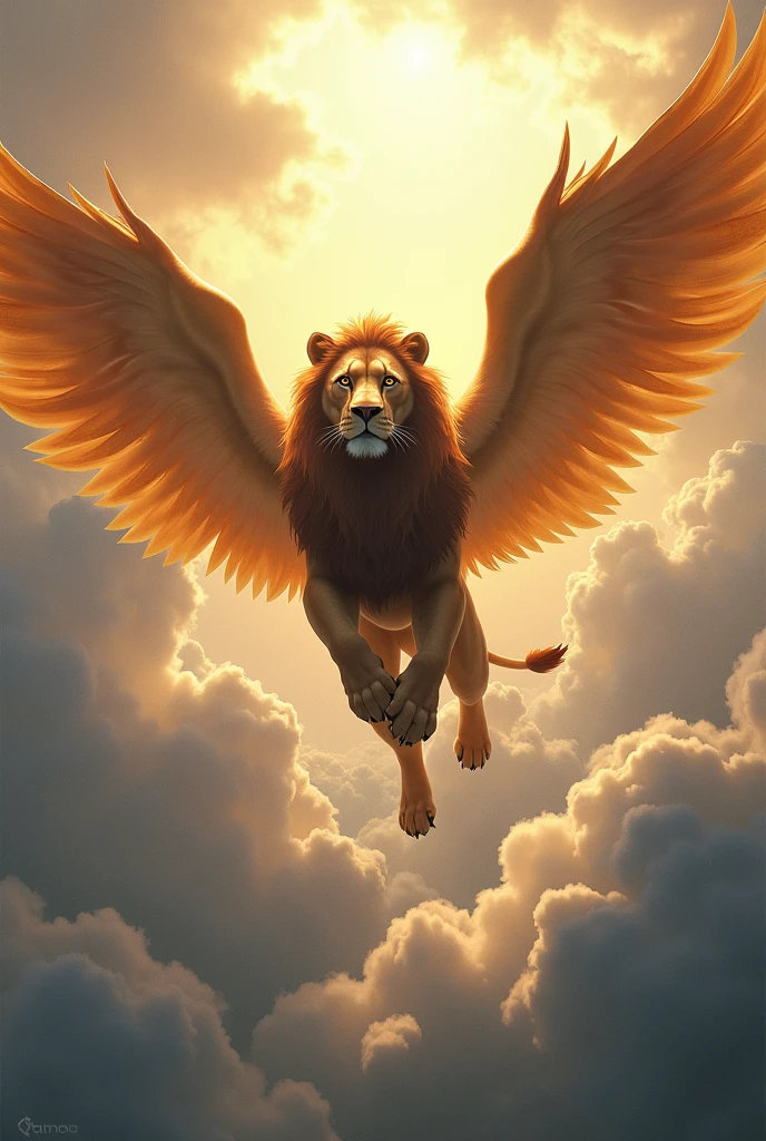 A lion with colossus wings flying in the sky