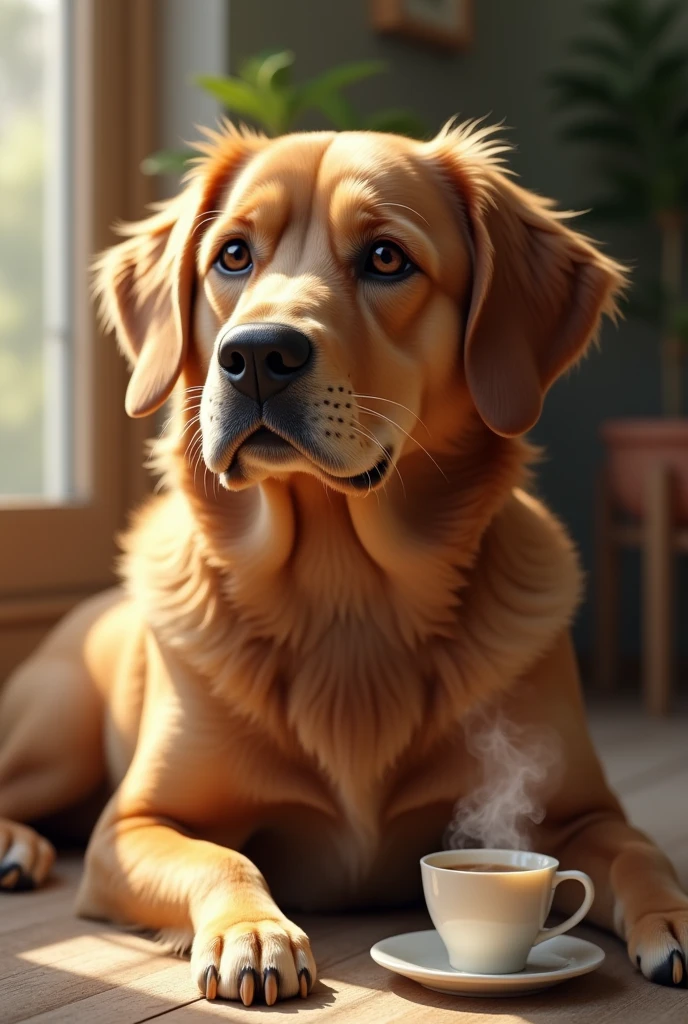 Create a coffee-colored dog with milk, small a little old