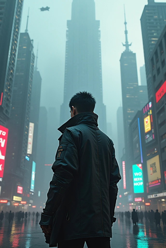 Image of person in foreground, cyberpunk style with futuristic city in the background