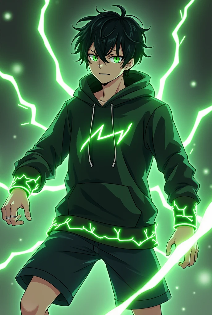 Could you please create an Anime Character. A male character with black hair reaching his ears, bright green eyes, wearing a black hoodie with green lightning around the waist, black shorts, and a silver ring with a subtle lightning pattern. He has a green lightning aura. He schuld wear cool black inline skates with green weehls. His hair should a little bit curly and with a bit green in it.  He is 2. He is mad. His height is 1.83