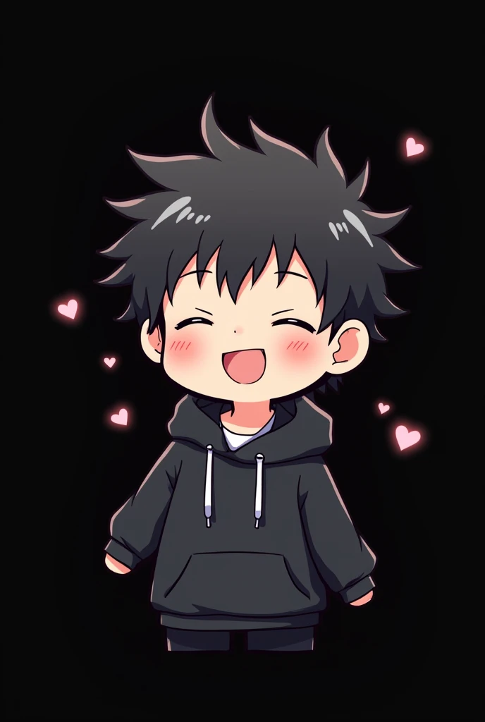 Blank black background , Anime boy involved , Spiky hair , black hair , black hoodie , eyes closed , happy , heart bubbles , blush , chibi