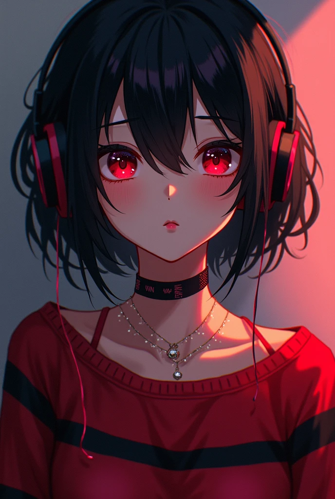 anime art/woman/black hair/red eyes/red and black striped sweater/necklace/white headphones