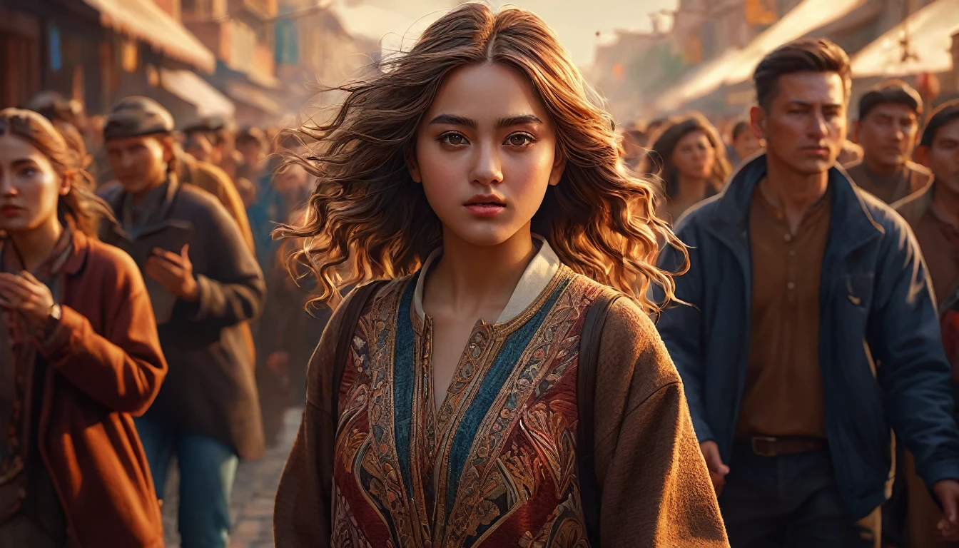 A girl leading people, masterpiece,photorealistic,8k,detailed clothing,detailed face,detailed eyes,detailed hair,dramatic lighting,cinematic composition,warm color palette,digital painting,intricate details,dynamic pose,sense of movement,powerful expression,emotive atmosphere