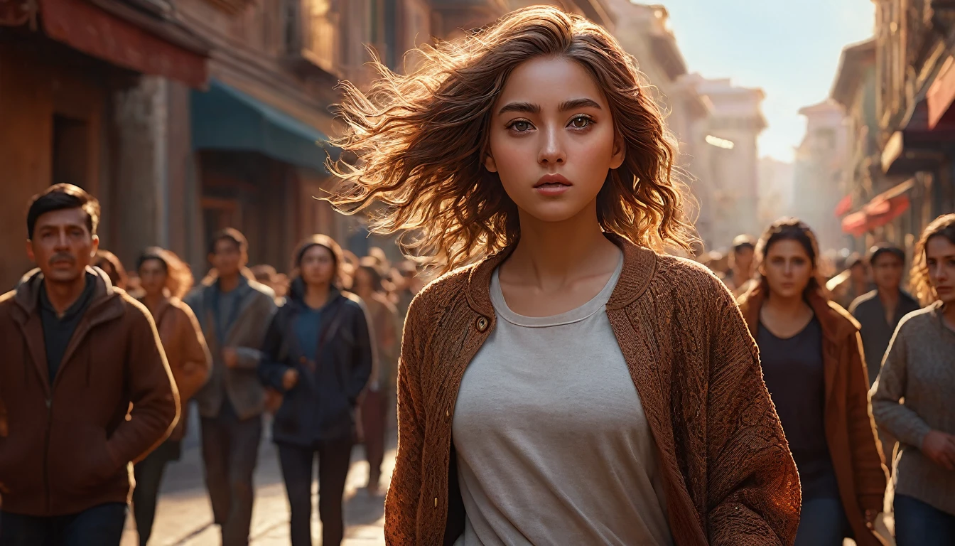 A girl leading people, masterpiece,photorealistic,8k,detailed clothing,detailed face,detailed eyes,detailed hair,dramatic lighting,cinematic composition,warm color palette,digital painting,intricate details,dynamic pose,sense of movement,powerful expression,emotive atmosphere