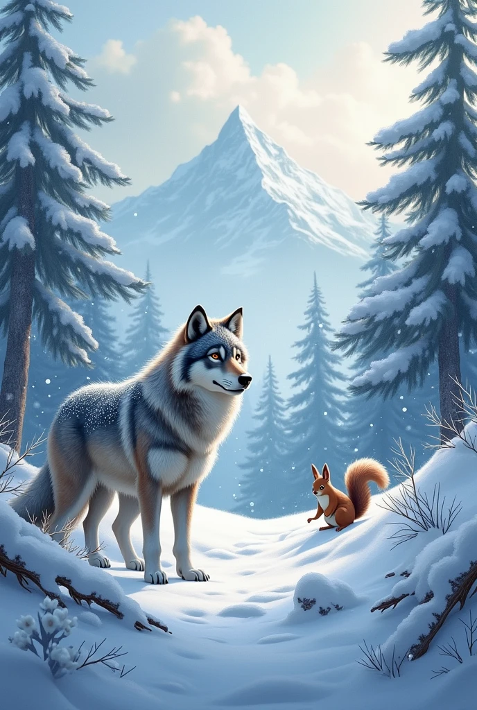 A forest on snowy mountains a wolf and a squirrel