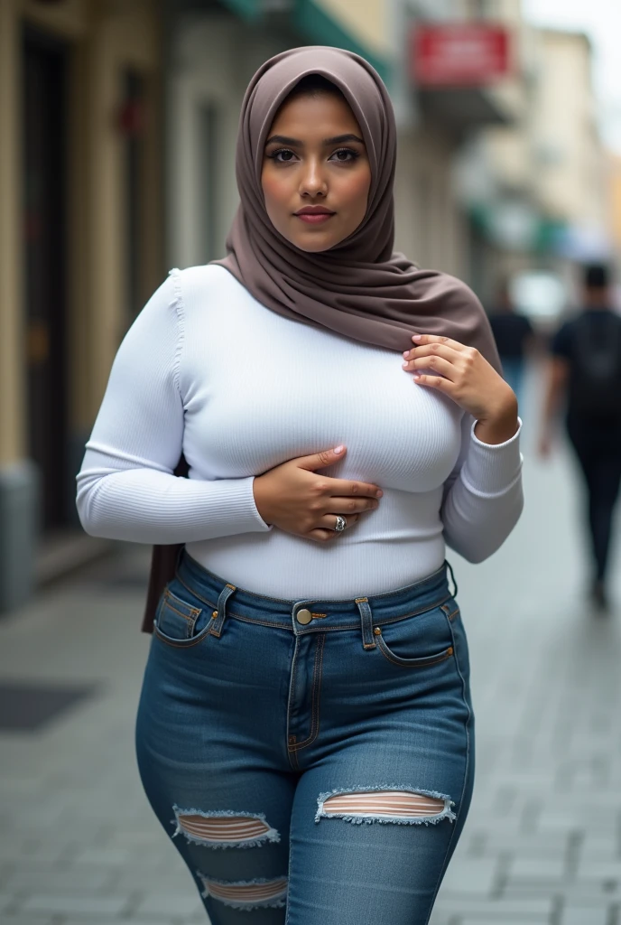 A beautiful chubby indonesian girl, huge breasted, wear hijab and tight white longsleeve t-shirt and torn long jeans, walking on the street, her hand grab her own breats, sensual and seductive expression, look at the viewer, realistic photography,
