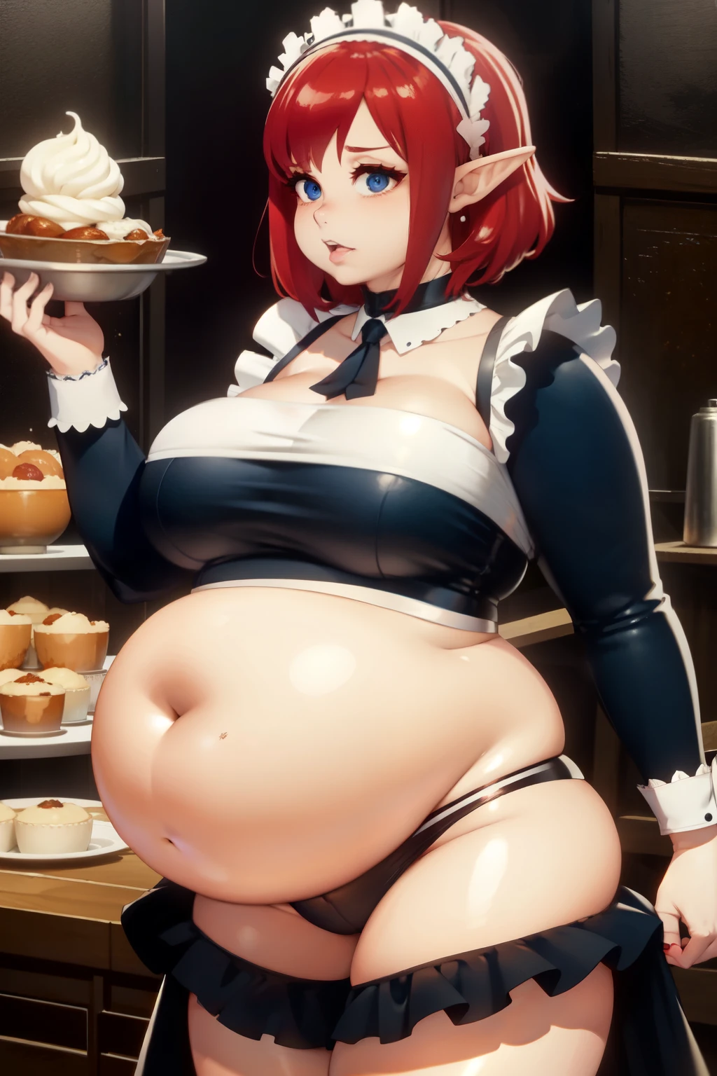 elf red haired a little bit chubby girl with thick legs and big ass small breasts and human maid with short blonde haircut and very fat lower belly lower belly heavy and tight clothes blue eyes, ((maids)), ((dark fantasy)), ((maid apparel)), (plump thighs:0.7), (big potbelly:0.8), (big pelvic area), eating a lot of food, medieval kitchen