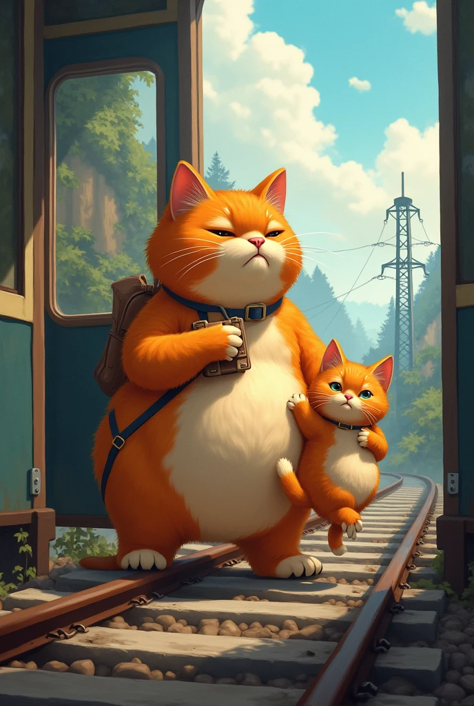 Write a Story of "an orange hair chubby cat traveling with his chubby orange kitten from the railway station to a train crash . The train jolts and begins to descend a steep incline, the scenery of
falling outside becoming increasingly chaotic.
The two Cats are falling outside of the train