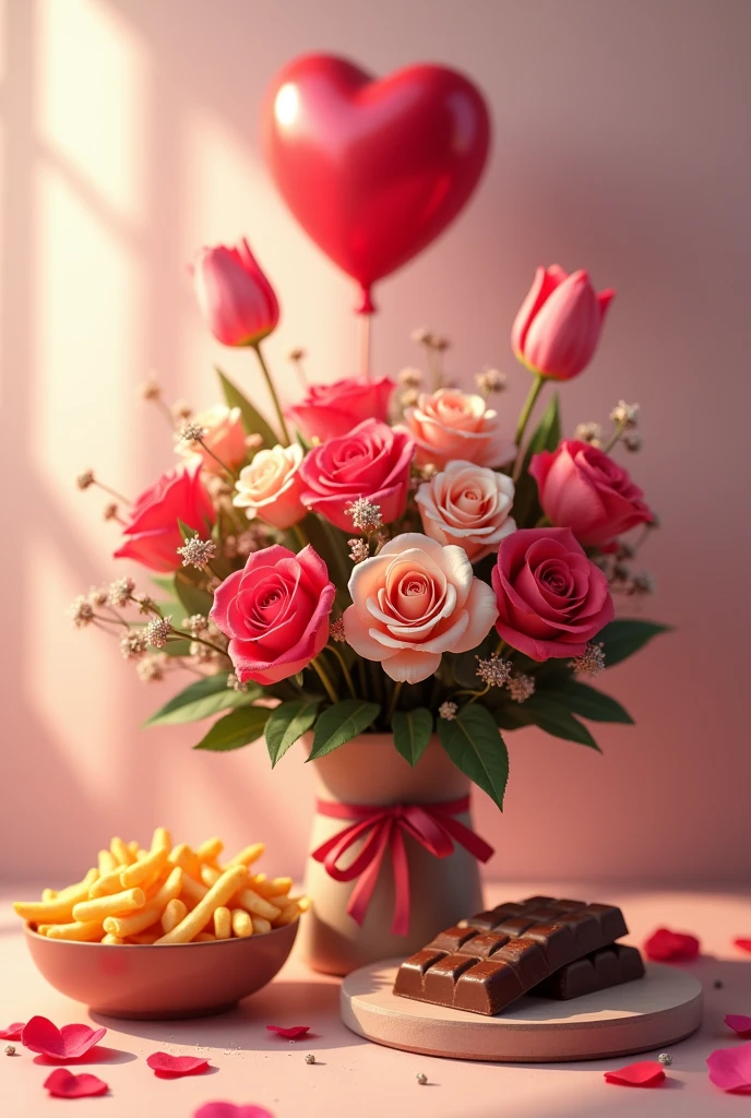 Bouquet of roses with tulips, with rectangular fries and chocolate , romantic with a balloon heart