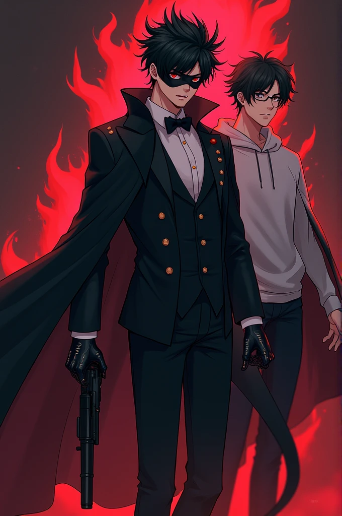 Clear! Here is a description of what the character could look like in anime style: 1. **hair**: I might have dark, messy hair, with pointed tips resembling flames or shadows, giving it a dynamic and powerful look. 2. **CLOTHES**: He would wear a long, dark cloak, maybe with red details, that floats dramatically around him. stylized in the shoulders and arms. 3. **Accessories**: I could wear a pair of gloves with shiny details, and maybe a mask that covers part of your face, adding a mysterious air. 4. **Posture**: I would be in a pose of action power or controlling dark elements. 5. **bottom**: A dark background or red and black tones, that highlights the contrast with the character, giving a feeling of intensity and strength. He is young with a tuxedo-type suit and has a Tommy gun and next to him is his friend with a white sweatshirt mixed with black and wears normal glasses with black eyes with a gun in his hand and has disheveled hair. He is a young man.