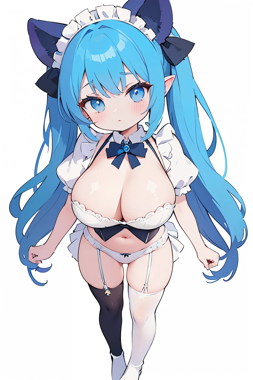 succubus maid white bra and panties, high tights, huge boobs, blue hair with two tails, standing on feet, holding hands in front, full body, white background
