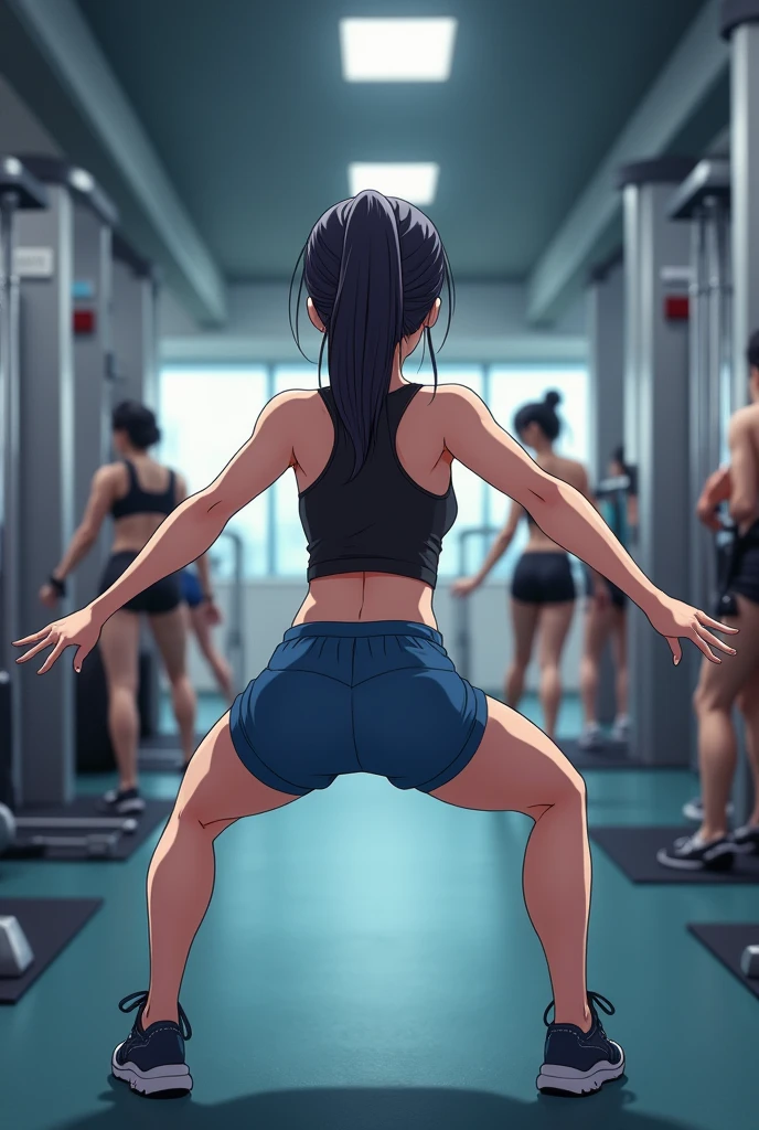  From back point of view.
The image is a screenshot of a video posted on Instagram. It shows a anime girl  in a gym, performing a squat exercise. She is wearing a black tank top and blue shorts, and her hair is tied back in a ponytail.with her left leg extended behind her and her right leg bent at the knee. Her arms are stretched out to the sides and her feet are planted firmly on the ground. In the background, there are other people working out in the gym, and various exercise equipment can be seen. The image also includes a caption that reads "When she almost catches you staring.