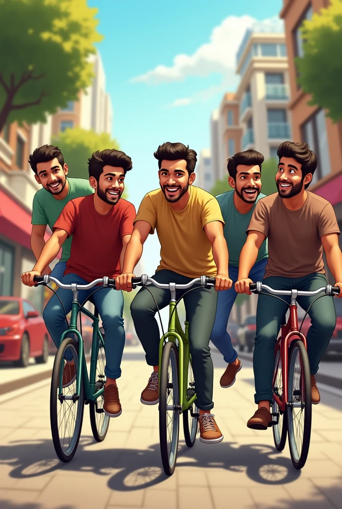 friends—Ahmed, Bilal, Farhan, Hammad, and Saad—riding their bikes through the city streets, laughing and chatting as they head to their favorite restaurant.