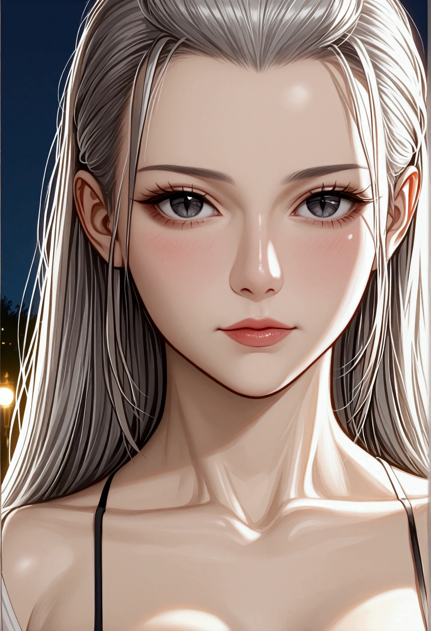 score_9, score_8_superior, score_7_superior, High-resolution CG illustration,A masterpiece in 32K resolution,Highest quality,it is really amazing,Very detailed,Ultra-high resolution,Ultra-realistic,Realistic,Increased depth of field,Cinematic lighting,
Elegant mature Japanese woman,
Shiny silver hair,Wavy long hair,Showing his forehead,god々Beautiful,Ultra-detailed and beautiful face,Sensual look,Beautiful dark brown, moist eyes,Pitch black eyes,Glowing, moisturized skin,Translucent white skin,born々New skin texture,Great proportions,
Elegant wine-red slit dress,spaghetti straps,Deep slit,Detailed and beautiful lace decorations,born地の柔らかな質感,
Black panties,
Black Stockings,
A dark and blurry night background,Dark overcast sky on a dull night,Dark clouds filling the sky,Thundercloud,Coastline at night,Golden reflections on the sea surface,delay々A desolate sandy beach that continues,
Dramatic Angle,