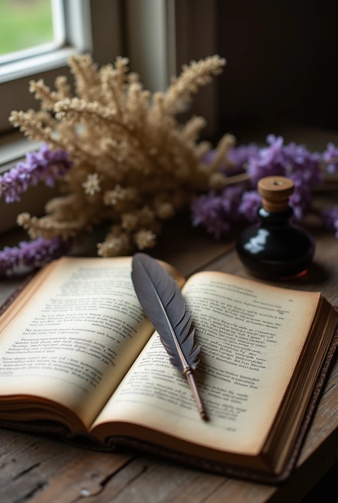 An open book of poetry on a rustic wooden table, with slightly yellowed pages. An old, dark brown quill rests on the pages, next to a glass inkwell with black ink. There is a faint late afternoon light coming in through a nearby window., creating a play of soft shadows on the book. no fundo desfocado, you can see a bouquet of dried flowers, with shades of lavender and beige, suggesting a nostalgic and contemplative atmosphere.