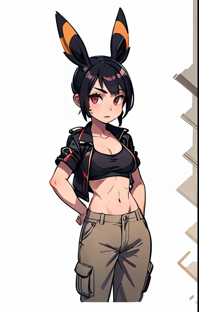 a girl with black hair, umbreon ears, red eyes, wearing black cargo shorts, pink sports bra, medium breasts, open black leather jacket, round ass, small hips, detailed face, beautiful detailed eyes, beautiful detailed lips, extremely detailed eyes and face, long eyelashes, photorealistic, 8k, high quality, hyperdetailed, cinematic lighting, dramatic colors, vibrant, moody, dark fantasy