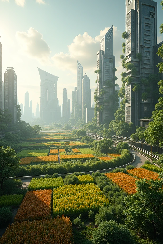Create a realistic image of buildings adapted to the new direction of the sun, farms with experimental crops.