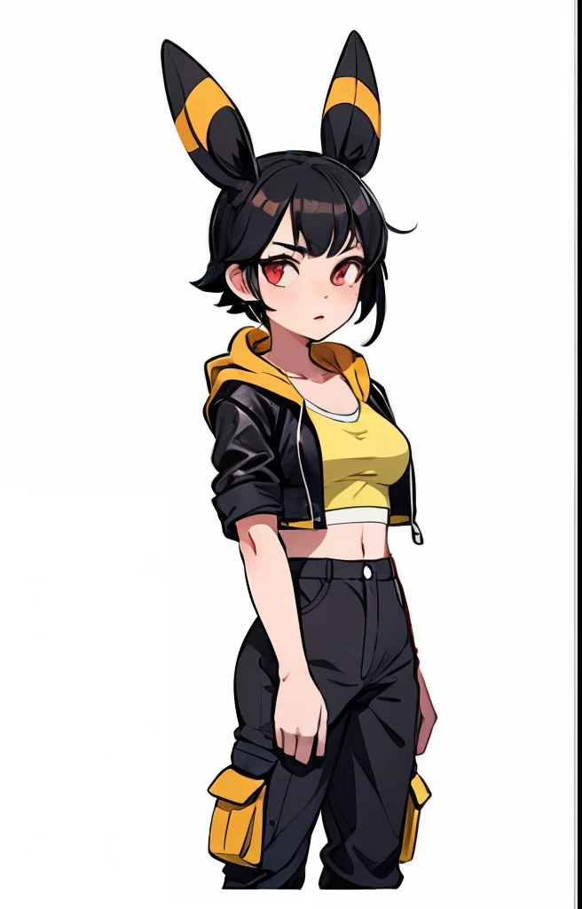 a girl with black hair, umbreon ears, red eyes, wearing black cargo shorts, pink sports bra, medium breasts, open black leather jacket, round ass, small hips, detailed face, beautiful detailed eyes, beautiful detailed lips, extremely detailed eyes and face, long eyelashes, photorealistic, 8k, high quality, hyperdetailed, cinematic lighting, dramatic colors, vibrant, moody, dark fantasy