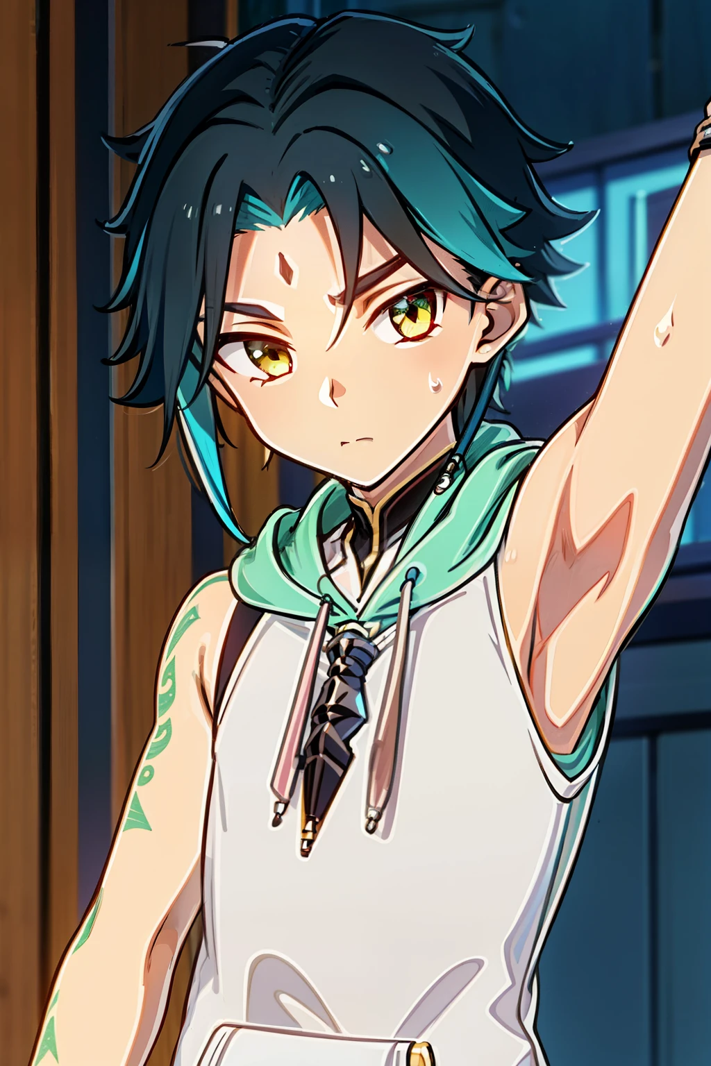 Highres, Masterpiece, Best quality at best,Best Quality,hight quality, hight detailed, 1boy, Shota, Young boy, Xiao, Green hoodie with cyan stripes, Wearing headset, The hoodie is sleeveless and has an open zipper, (very small and short stature), (very young boy), (very small and short body), s, (Showing armpit:1.4), School, Sweat