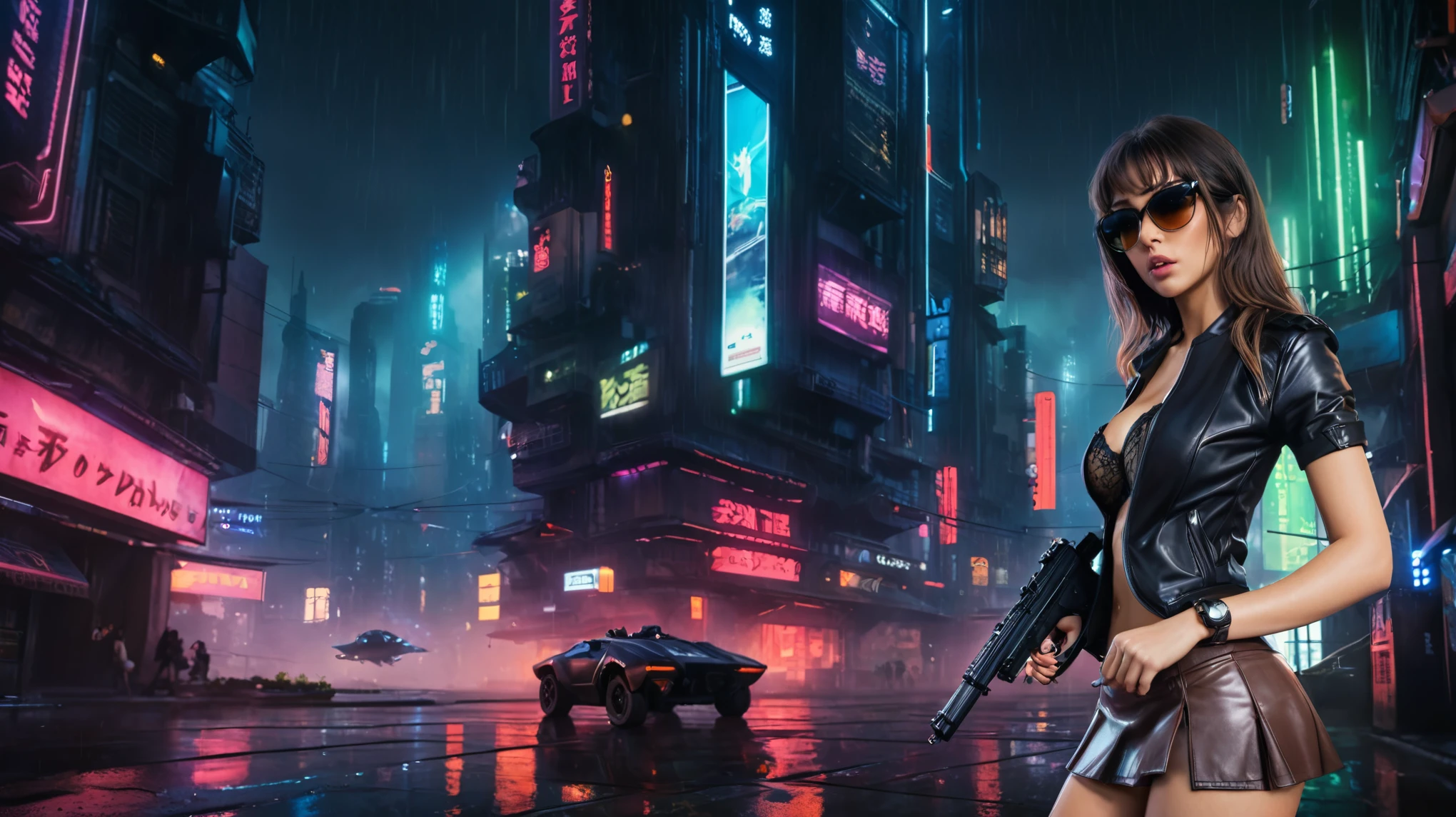 (low angle view), Blade Runner style futuristic city, flying cars, neon lights, rainy night. (1girl, solo, alone), large-breast:1.2 slim body, slim face, cleavage:1.1, sexy laced lingerie, very low angle view miniskirt, jacket, (black micro sunglasses), (holding a short gun), running pose, half-body thigh level medium shot, cinematic lighting, ray tracing.