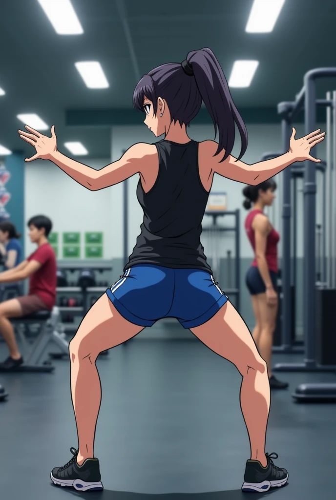 From back point of view.
The image is a screenshot of a video posted on Instagram. It shows a anime girl in a gym, performing a lateralsquat exercise. She is wearing a black tank top and blue shorts, and her hair is tied back in a ponytail.with her left leg extended behind her and her right leg bent at the knee. Her arms are stretched out to the sides and her feet are planted firmly on the ground. In the background, there are other people working out in the gym, and various exercise equipment can be seen. The image also includes a caption that reads "When she almost catches you staring.
